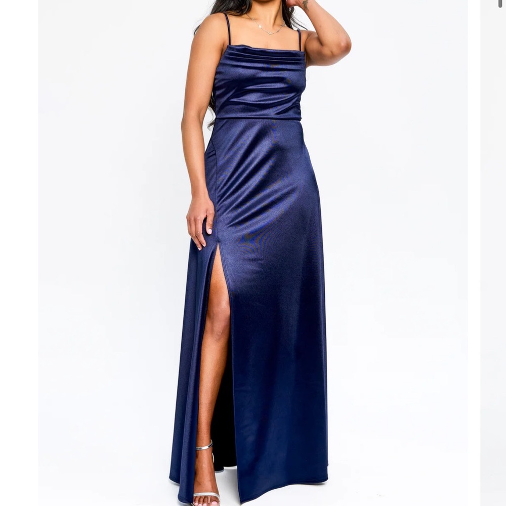 Navy Satin Slip Maxi Dress with Side Slit
